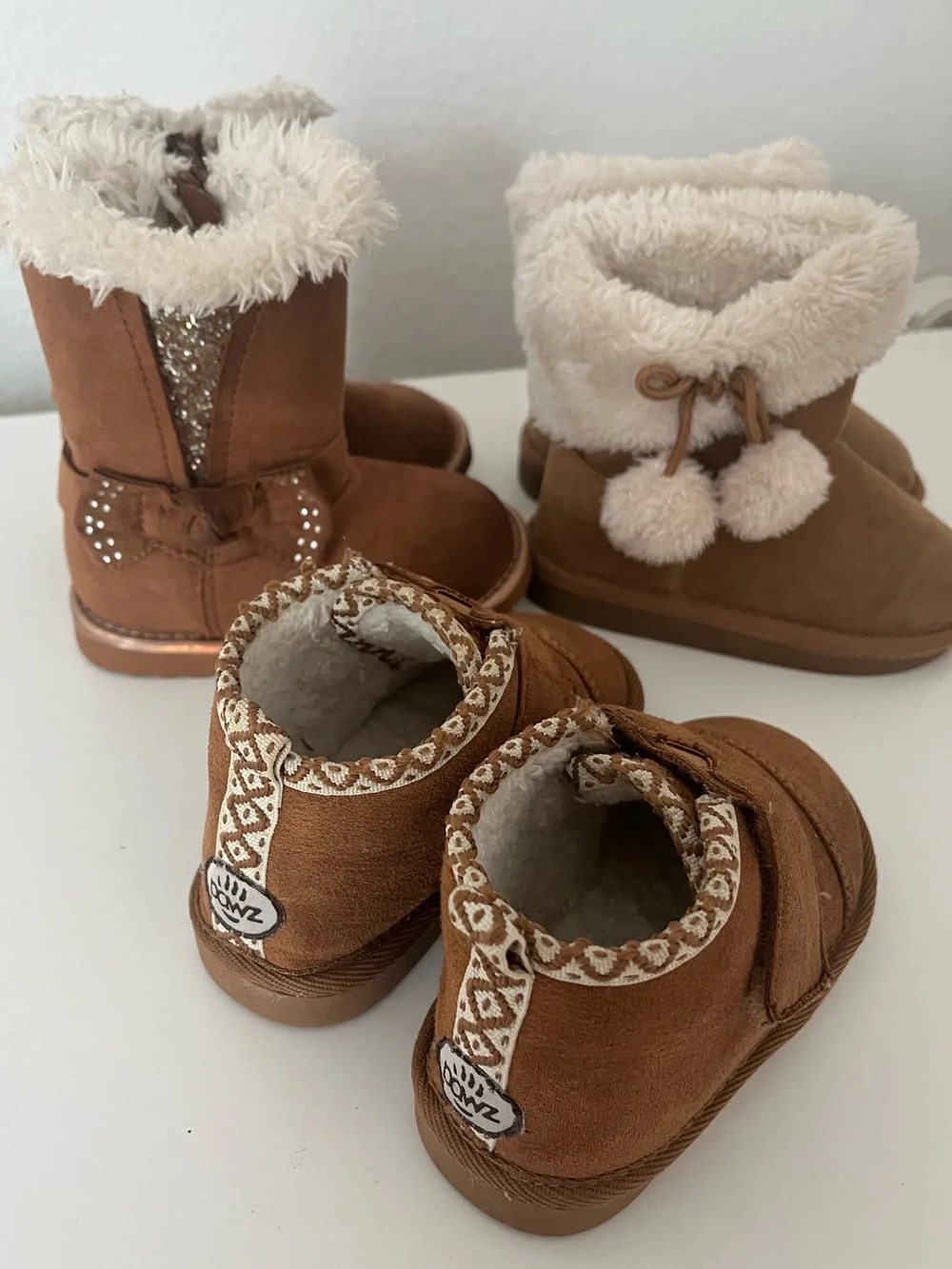 PAWZ Brown Kids Fleece-Lined Winter Boots with Pom Detail